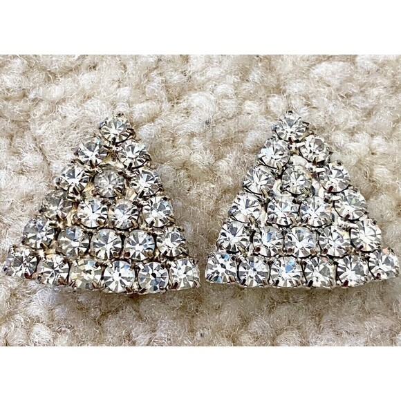Vintage Rhinestone Clip-On Earrings Statement Triangle Wedding Y2K 90s Prom - Picture 5 of 5